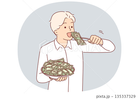 Greedy man eats money from plate, symbolizing greed and ambition for wealth or big salary 135337329