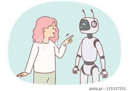 Robot nanny near little girl playing with cyborg and considering bot best friend Robot nanny near little girl playing with cyborg and considering bot best friend 135337331