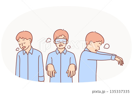 Little boy with sleepwalking syndrome stands in different poses, dressed in pajamas Little boy with sleepwalking syndrome stands in different poses, dressed in pajamas 135337335