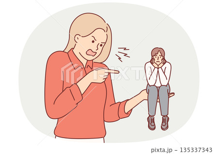 Toxic relationship between woman screaming at miniature man sitting on palm of wife with sad grimace 135337343