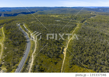 Drone aerial photograph of the Darling Causeway highway in the Blue Mountains 135337346