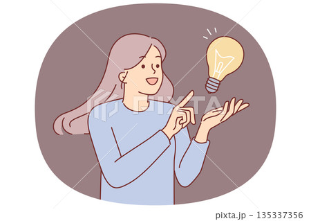 Inspired woman comes up with idea to save energy resources, stands near giant lamp Inspired woman comes up with idea to save energy resources, stands near giant lamp 135337356
