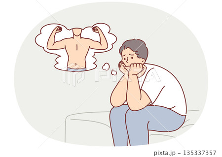 Overweight man presents own beautiful body after visiting fitness club or nutritionist Overweight man presents own beautiful body after visiting fitness club or nutritionist 135337357