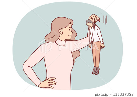 Woman subordinate angrily looks at miniature boss, demonstrating insubordination at work 135337358