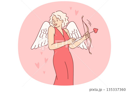 Cupid woman dressed up with wings for valentine day, uses with arrow and bow to seduce boyfriend 135337360