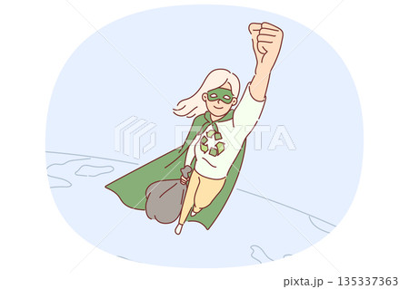 Woman environmental hero saves planet from garbage by flying over globe to avoid nature pollution Woman environmental hero saves planet from garbage by flying over globe to avoid nature pollution 135337363