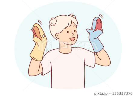 Little girl makes theatrical performance using animal-shaped gloves and acting out skit 135337376