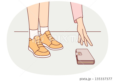 Woman dropped phone and pulls hand to ground to pick up fallen gadget, concept problem carelessness 135337377