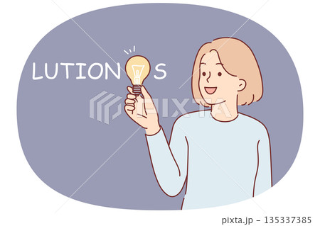 Woman who came up with solution holds light bulb in hand, symbolizing new idea to energy efficiency Woman who came up with solution holds light bulb in hand, symbolizing new idea to energy efficiency 135337385