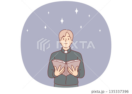Man priest reads gospel for christian catholics with smile training to become church employee 135337396
