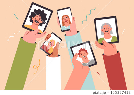 Electronic gadgets in hands people with photographs, concept video calls to family members Electronic gadgets in hands people with photographs, concept video calls to family members 135337412