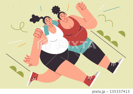 Overweight women run through park hugging each other, wanting to lose weight through sports Overweight women run through park hugging each other, wanting to lose weight through sports 135337413