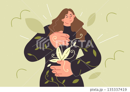 Woman who cares about environment, feeling responsible for nature, dress with pattern tree petals 135337419