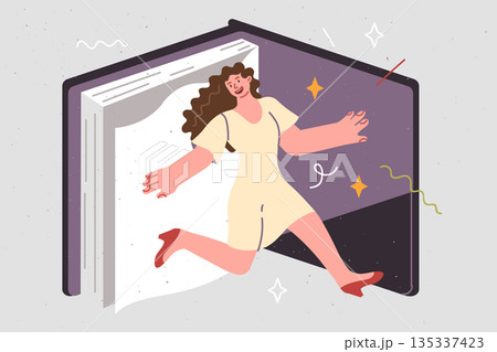 Woman is immersed in reading fantastic book with exciting plot and excellent literary style Woman is immersed in reading fantastic book with exciting plot and excellent literary style 135337423