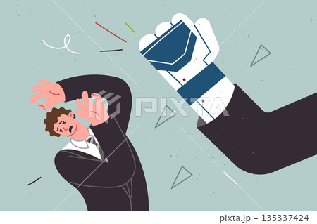 Robot large hand strikes man, metaphor for conflict people and technology exacerbating job shortages 135337424