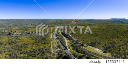 Drone aerial photograph of the Darling Causeway highway in the Blue Mountains Drone aerial photograph of the Darling Causeway highway in the Blue Mountains 135337441