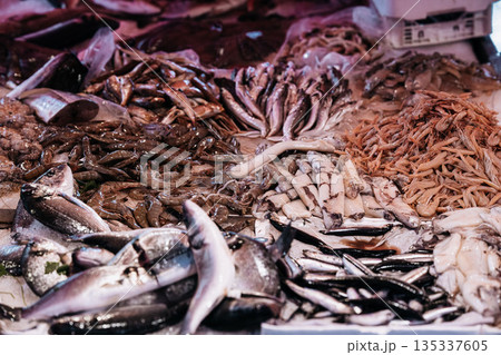 Fresh Seafood Display At Market Stall: Raw Fish, Squid, And Shellfish Arranged In White Crates On Ice In Indoor Food Market Setting Fresh Seafood Display At Market Stall: Raw Fish, Squid, And Shellfish Arranged In White Crates On Ice In Indoor Food Market Setting 135337605