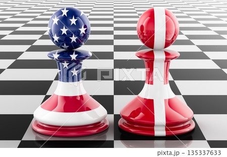 US and Denmark chess pawns, Greenland dispute and Arctic geopolitics concept. 3D rendering 135337633