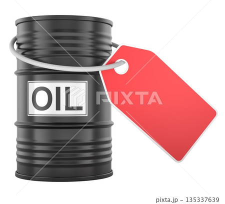 Oil barrel with red blank price tag, fuel market pricing concept. 3D rendering 135337639
