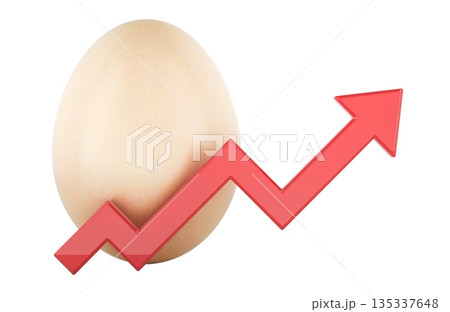 Egg with upward arrow graph, rising food prices inflation concept. 3D rendering Egg with upward arrow graph, rising food prices inflation concept. 3D rendering 135337648