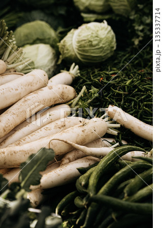 Fresh Root Vegetables At Market Stall: White Radishes, Green Beans, And Cabbage Displayed In Natural Seasonal Food Market Arrangement 135337714