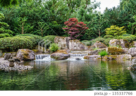 The Japanese garden in the Botanical garden in Augsburg, Germany. Lovely view on small waterfalls in japanese garden The Japanese garden in the Botanical garden in Augsburg, Germany. Lovely view on small waterfalls in japanese garden 135337766