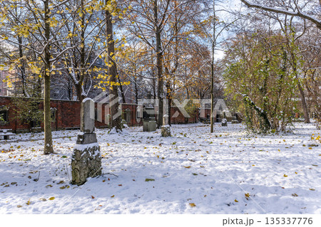 Winter view of famous Old North Cemetery of Munich, Germany with historic gravestones. 135337776