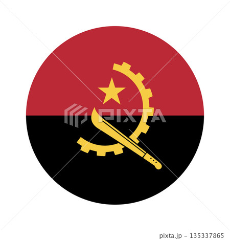 Angola flag round badge. Flag of Angola circle symbol, background. Button, banner, icon. National sign of Angola. Angola flag round badge. Flag of Angola circle symbol, background. Button, banner, icon. National sign of Angola. 135337865
