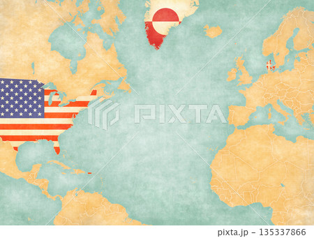 Map of North Atlantic Ocean - USA, Denmark and Greenland Map of North Atlantic Ocean - USA, Denmark and Greenland 135337866