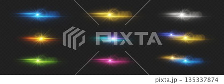 Set of colored neon highlights and flares. The effect of lines and stars, an explosion of lenses. Set of colored neon highlights and flares. The effect of lines and stars, an explosion of lenses. 135337874