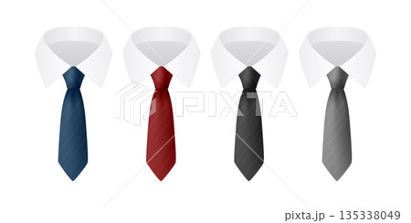 Vector 3d Necktie Set with Collar Shirts, Isolated. Blue, Red Black, Gray Classic Men s Business Tie Icons. Formal Office Dress Code Accessories for Suit, Fashion Design, Apparel Mockups 135338049