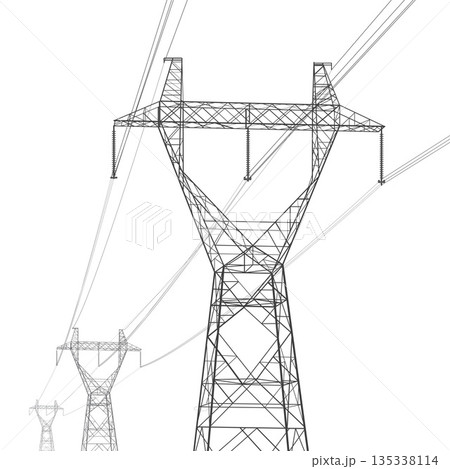 High voltage transmission systems. Electric pole. Power lines. Energy pylons. Black outlines image on white background. A network of interconnected electrical. Vector design illustration 135338114