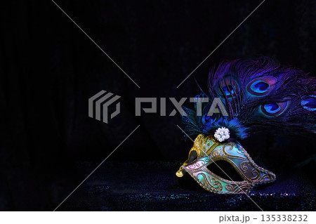 Venetian masquerade mask with peacock feathers on dark background Venetian masquerade mask with peacock feathers on dark background 135338232