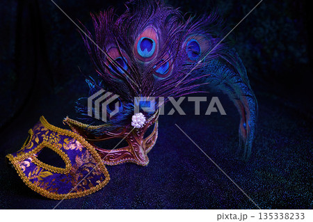 Venetian carnival masks with peacock feathers on dark background 135338233