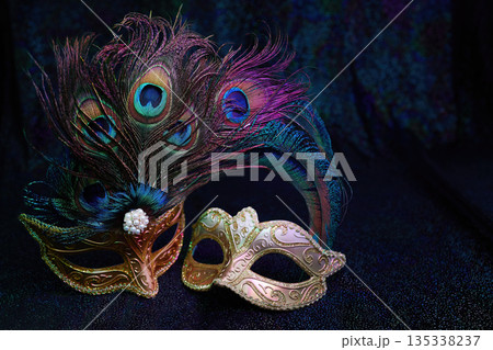 Venetian carnival masquerade masks with peacock feathers Venetian carnival masquerade masks with peacock feathers 135338237
