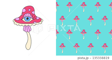 Psychedelic hippie mushroom with an eye comic retro cartoon seamless pattern comic vector template Psychedelic hippie mushroom with an eye comic retro cartoon seamless pattern comic vector template 135338819