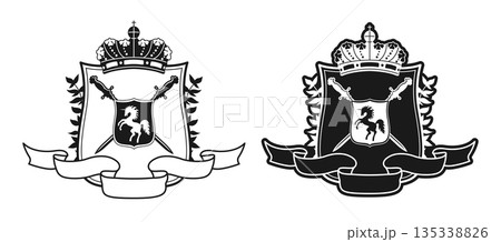 Coat of arms with unicorn shield and laurel wreath ribbon crown swords crosswise emblems logo vector Coat of arms with unicorn shield and laurel wreath ribbon crown swords crosswise emblems logo vector 135338826