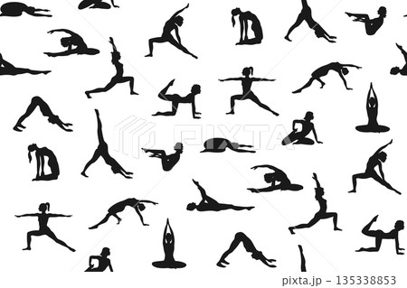 Women do yoga and Pilates exercises silhouette seamless pattern healthy wellness endless vector Women do yoga and Pilates exercises silhouette seamless pattern healthy wellness endless vector 135338853