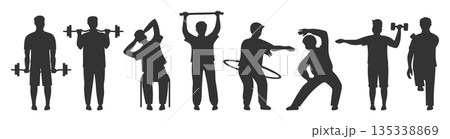 Older people play sports silhouette set men senor running gym cardio yoga stretching jogging vector 135338869