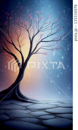 Peaceful Landscape Featuring Lone Tree Against Radiant Sky With Delicate Blossoms And Nebulainspired Shades 135338976