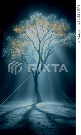 Ancient Tree Illuminated Amid Ethereal Mist Ambiance, Majestic Tree Bathed In Gentle Rays Within Mystical Fog Scene 135338978