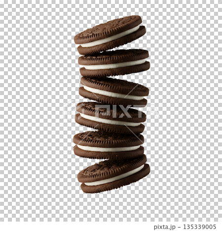 Tall tempting stacks of delicious cream-filled chocolate sandwich cookies on transparent background, perfect for food advertising and cravings 135339005