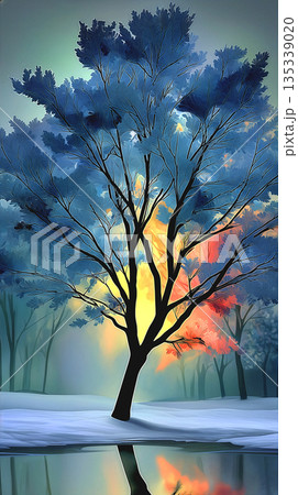 Bright sunrise behind the silhouette of a lonely tree on the shore of the lake, with an icy shore and delicate pastel colors 135339020