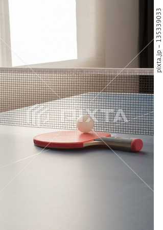 Red racket and white ball on table tennis indoors Red racket and white ball on table tennis indoors 135339033