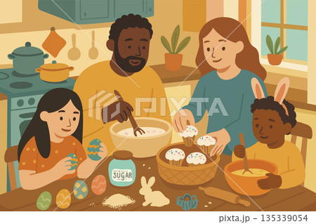 Happy Easter. Family in cozy kitchen, decorating eggs, mixing batter, and placing cupcakes in basket. Easter baking traditions. Vector poster 135339054