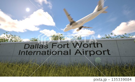Arrivals at Dallas Fort Worth International Airport with airplane landing near terminal, Dallas Fort Worth, United States 3D rendering 135339084