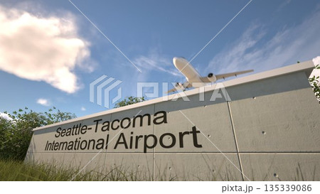 Outgoing flight concept at Seattle Tacoma International Airport terminal sign with jet takeoff, Seattle, United States 3D rendering Outgoing flight concept at Seattle Tacoma International Airport terminal sign with jet takeoff, Seattle, United States 3D rendering 135339086