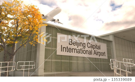 Beijing Capital International Airport sign on terminal building with autumn tree and airplane, Beijing, China 3D rendering 135339089