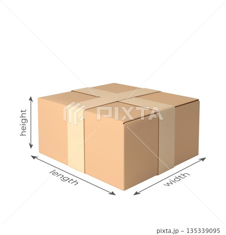 3D cardboard box with height, length, width dimensions vector mockup, realistic brown carton parcel, delivery cargo size 135339095
