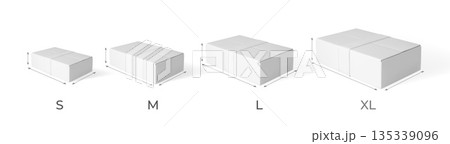3D cardboard box with height, length, width vector mockup, realistic white carton parcel, delivery cargo S,M, l, XL size 135339096